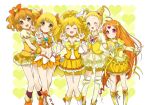  5girls bike_shorts blonde_hair boots bow brooch bubble_skirt choker circlet closed_eyes color_connection cure_lemonade cure_muse_(yellow) cure_peace cure_pine cure_sunshine double_v dress earrings fresh_precure! frills hair_ornament hair_ribbon heart heart_hair_ornament heartcatch_precure! instrument jewelry kasugano_urara kise_yayoi knee_boots long_hair looking_at_viewer magical_girl midriff multiple_girls myoudouin_itsuki open_mouth orange_hair pink_background ponytail precure ribbon shirabe_ako short_hair shorts_under_skirt skirt smile smile_precure! suite_precure thighhighs tiara twintails v violet_eyes wink wrist_cuffs yamabuki_inori yellow_dress yellow_eyes yellow_legwear yes!_precure_5 yupachi 