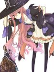  1girl akamamesoramame atelier_(series) atelier_escha_&amp;_logy black_legwear broom dress expressionless hand_on_hip hat jewelry leaning_forward long_hair necklace pantyhose pentacle pink_hair red_eyes solo white_background wilbell_voll=erslied witch_hat 