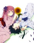  2girls akishino_himeka black_hair flower fuyuumi_ai hair_flower hair_ornament hand_on_own_chest highres japanese_clothes kimono long_hair looking_at_viewer lying multiple_girls obi on_back open_mouth ore_no_kanojo_to_osananajimi_ga_shuraba_sugiru petals pink_hair ponytail ruroo scan sunflower violet_eyes yukata 