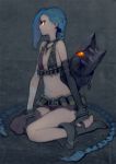  1girl asymmetrical_legwear bangs bare_shoulders belt bikini_top blue_hair boots braid bullet clenched_teeth elbow_gloves fingerless_gloves flat_chest full_body gloves highres jewelry jinx_(league_of_legends) league_of_legends lipstick long_hair looking_away makeup nail_polish navel necklace orange_eyes profile saliva shorts simple_background sitting solo tattoo tears tekito03 thighhighs twin_braids very_long_hair wariza weapon 