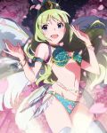  1girl :d aqua_eyes armlet artist_request bikini blush bracelet character_name cherry_blossoms feathers green_hair idolmaster idolmaster_million_live! jewelry long_hair official_art open_mouth petals samba shimabara_elena signature smile solo star_(sky) swimsuit 