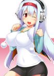  1girl bike_shorts blush breasts casual cosplay gradient gradient_background hairband headphones jewelry kantai_collection large_breasts long_hair mocchi necklace open_mouth personification red_eyes shirt shoukaku_(kantai_collection) silver_hair smile solo super_sonico super_sonico_(cosplay) white_background wink 