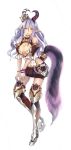  1girl absurdres armor breasts choker cleavage crown highres horns kaboom-chuck lavender_hair long_hair looking_at_viewer miniskirt original pointy_ears simple_background skirt solo star tail thighhighs white_background yellow_eyes 