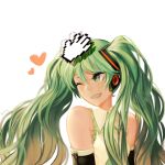  1girl cursor detached_sleeves disembodied_limb green_eyes green_hair hatsune_miku heart highres kky long_hair necktie petting pixelated robot_ears solo twintails vocaloid wink 