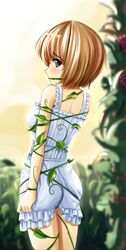  1girl blonde_hair blue_eyes blush brown_hair dress eyebrows_visible_through_hair female gagged highres original short_hair solo standing tied_up vines yumemi_(kiowa) 