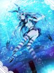  1girl akaza bubble crop_top crop_top_overhang elbow_gloves gloves highres kantai_collection long_hair looking_at_viewer midriff navel personification rensouhou-chan shimakaze_(kantai_collection) skirt socks sparkle striped striped_legwear thighhighs underwater wet wet_clothes 