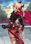  1girl armor blonde_hair breasts cape gauntlets highres houtengeki large_breasts looking_at_viewer original pointy_ears scabbard sheath solo sword thighhighs twintails violet_eyes weapon 