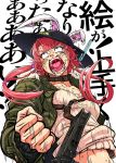  1girl anger_vein animal_ears bandage_over_one_eye clenched_hand clothes_pin collar collarbone extra_eyes gun hat imizu_(nitro_unknown) jacket open_mouth original rabbit_ears redhead tears translation_request violet_eyes weapon 