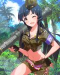  1girl ;d artist_request belt blue_hair breasts brown_eyes camouflage cleavage clouds crop_top fingerless_gloves garrison_cap gloves hand_on_hip hat idolmaster idolmaster_million_live! kitakami_reika lens_flare long_hair looking_at_viewer midriff military military_uniform navel official_art open_mouth palm_tree rocket_launcher skirt sky smile tree twintails uniform weapon wink 