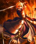  1girl ahoge armor armored_dress blonde_hair blood blood_on_face dress excalibur fate/zero fate_(series) field_of_blades gauntlets green_eyes hair_ribbon nauimusuka ribbon saber solo sword weapon 