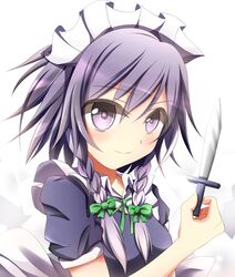  1girl bow braid hair_bow izayoi_sakuya knife kuroganeruto lavender_eyes lavender_hair maid_headdress solo touhou twin_braids 