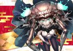  1girl blue_eyes bodysuit fukurou_tei gloves glowing glowing_eyes kantai_collection long_hair looking_at_viewer monster pale_skin silver_hair sitting solo wo-class_aircraft_carrier 