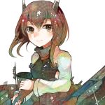  1girl armor blush bow_(weapon) brown_eyes brown_hair crossbow headband headgear itomugi-kun kantai_collection personification short_hair skirt smile solo taihou_(kantai_collection) weapon 