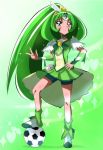  1girl ball bike_shorts choker cure_march dress green_background green_eyes green_hair haru_(nature_life) long_hair magical_girl midorikawa_nao ponytail precure shorts_under_skirt skirt smile smile_precure! soccer_ball solo standing tiara tri_tails 