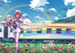  1girl belt bouquet braid clouds dress field flower flower_field grass hat nurse nurse_cap open_mouth orange_eyes original pantyhose petals pink_hair radio_tower rainbow ribbon rose short_dress smile solo stflash train 