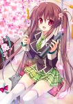  1girl :&lt; :d bag brown_hair cat cherry_blossoms highres kiseri_momo lace lace-trimmed_thighhighs necktie open_mouth original pink_eyes plaid plaid_skirt ribbon school_uniform skirt smile swing_set tagme tail tail_ribbon thighhighs twintails white_legwear zettai_ryouiki 