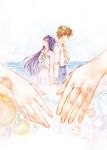  1boy 1girl back-to-back brown_hair bubble closed_eyes colored_pencil_(medium) glasses hand_on_own_chest hands height_difference highres kchang57 long_hair looking_up original profile purple_hair short_hair traditional_media water watercolor_(medium) 