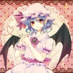  1girl bat_wings blue_hair bow brooch hat hat_bow heart heart_of_string highres jewelry red_eyes remilia_scarlet solo steepled_fingers touhou wings wrist_cuffs 