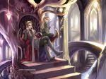  2boys artist_name blonde_hair blue_eyes bow_(weapon) crown elf father_and_son kaga legolas long_hair lord_of_the_rings multiple_boys pointy_ears the_hobbit thranduil throne watermark weapon web_address younger 
