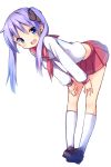  1girl blue_eyes blush hair_ribbon hands_on_thighs hiiragi_kagami leaning_forward long_hair looking_at_viewer lucky_star mokoke open_mouth purple_hair ribbon school_uniform serafuku skirt smile solo twintails 