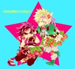 2boys binoculars black_hair blonde_hair blue_eyes caesar_anthonio_zeppeli chibi eyebrows facial_mark fingerless_gloves food food_as_clothes food_on_face food_themed_clothes fruit gloves grapes green_eyes green_jacket headband jojo_no_kimyou_na_bouken joseph_joestar_(young) knee_pads midriff multiple_boys purple_hair s_gentian scarf strawberry thick_eyebrows wince 