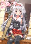  1girl bow_(weapon) cherry_blossoms chitori hairband japanese_clothes kantai_collection long_hair muneate personification shoukaku_(kantai_collection) silver_hair smile solo thighhighs weapon 