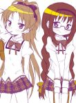  2girls akemi_homura bag bookbag braid glasses hair_ribbon hairband long_hair looking_at_viewer mahou_shoujo_madoka_magica monochrome mouth_hold multiple_girls pocky ponytail ribbon sakura_kyouko school_uniform skirt smile tsubaki_(tatajd) twin_braids 