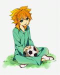  1boy amemiya_taiyou ball grass inazuma_eleven_(series) inazuma_eleven_go kangokun male orange_hair pajamas sitting soccer_ball solo telstar 