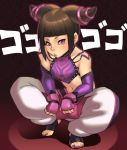  1girl baggy_pants black_hair bracelet crop_top detached_sleeves han_juri jewelry kote lips maou_alba navel pointy_hair purple_nails short_twintails solo spiked_bracelet spikes squatting street_fighter toeless_socks toenail_polish twintails violet_eyes 