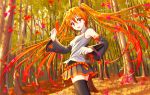  1girl :d aki_miku alternate_hair_color autumn_leaves black_legwear detached_sleeves floating_hair forest hatsune_miku highres leaf long_hair looking_back nature necktie open_mouth orange_eyes orange_hair oshou pleated_skirt skirt smile solo thighhighs tree twintails very_long_hair vocaloid zettai_ryouiki 
