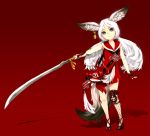  1girl absurdres animal_ears blade_&amp;_soul blue_eyes dress earrings fingerless_gloves fox_ears gloves highres jewelry long_hair low_twintails mask sleeveless sleeveless_dress solo sword tail twintails weapon white_hair 