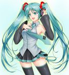  1girl aqua_eyes aqua_hair detached_sleeves hand_on_own_chest hatsune_miku long_hair microphone nail_polish necktie omochi_pie open_mouth skirt solo thighhighs twintails very_long_hair vocaloid 