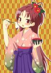  1girl bowl camellia_(flower) chopsticks dripping floral_print flower food furisode hair_flower hair_ornament hakama japanese_clothes kimono long_hair looking_at_viewer mahou_shoujo_madoka_magica mochi new_year obi open_mouth ponytail red_eyes redhead sakura_kyouko shiruko_(food) solo tsubaki_(tatajd) wagashi 