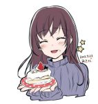  1girl blush brown_hair cake dated facing_viewer food fruit long_hair open_mouth simple_background smile solo star strawberry takeuchi_aya white_background 