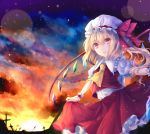  1girl ascot blonde_hair bow cloudy_sky cross curtsey flandre_scarlet graveyard hat hat_bow highres light_particles mob_cap pink_eyes puffy_sleeves renkarua shirt short_sleeves side_ponytail skirt skirt_set solo sunset touhou vest wings 