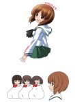  4girls :3 akiyama_yukari bag blush bow brown_eyes brown_hair character_name dated empty_eyes gift girls_und_panzer messy_hair miniskirt mother_and_daughter multiple_girls nanashiro_gorou nishizumi_maho nishizumi_miho nishizumi_shiho no_legs o_o open_mouth pleated_skirt school_uniform serafuku short_hair siblings side sisters skirt smile standing tied_up white_background 