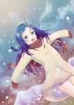  1girl blue_eyes blue_hair coat dokidoki!_precure dutch_angle half_updo happy hishikawa_rikka long_hair mittens outstretched_arms precure scarf slowpit smile snow snowing solo spread_arms 
