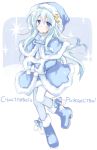  1girl blue blue_eyes boots capelet hammer_and_sickle hibiki_(kantai_collection) hizuki_yayoi kantai_collection long_hair looking_at_viewer merry_christmas russian silver_hair skirt solo star translated very_long_hair white_legwear 