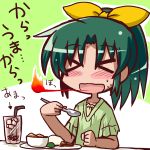  &gt;_&lt; 1girl blush breathing_fire drink drinking_straw eating fire food green_hair long_hair midorikawa_nao nasi_lemak open_mouth ponytail precure ribbon rice smile_precure! solo spicy spoon sweat translated 