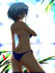  1girl ass back backlighting bikini blue_bikini blue_eyes braid highres izayoi_sakuya knife looking_at_viewer looking_back nekominase pointer side-tie_bikini silver_hair solo swimsuit touhou twin_braids wet 