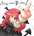  1girl bat_wings breasts demon_girl demon_tail female head_wings impossible_clothes kikurage_(sugi222) koakuma long_hair long_sleeves necktie open_mouth red_eyes redhead shirt skirt skirt_set smile solo tail touhou v vest wings wink 