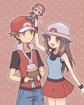  1boy 1girl agatha210 baseball_cap blue_(pokemon) blush brown_eyes brown_hair character_doll hat jacket long_hair open_mouth pleated_skirt pokemon pokemon_(game) pokemon_frlg polka_dot polka_dot_background red_(pokemon) red_(pokemon)_(remake) short_hair skirt sleeveless sleeveless_shirt wristband 