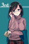  1girl black_hair blue_eyes blush breasts glasses looking_at_viewer plaid simple_background solo sweater takeuchi_aya 