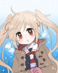 1girl ahoge brown_eyes brown_hair gloves hair_ribbon jacket kantai_collection long_hair looking_at_viewer lowres murasame_(kantai_collection) open_mouth personification pqmoshi ribbon snowing solo twintails 