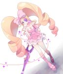  1girl blonde_hair boots bow breasts cleavage dress drill_hair earrings eyepatch full_body hair_bow harime_nui jewelry kill_la_kill long_hair looking_at_viewer pink_dress scissor_blade shoulderless_dress smile solo sparkle thread twin_drills twintails violet_eyes walking wrist_cuffs you06 