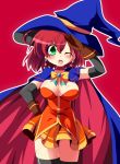  1girl :o ;o alice_wishheart arm_up black_legwear blush bow breasts cape cleavage dress geogeo gloves green_eyes hat large_breasts magical_halloween orange_dress pink_hair red_background ribbon short_hair skirt solo thighhighs wink witch_hat 