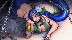  1girl ass bangle blue_hair bottomless bracelet breast_press breasts chain cleavage fingernails flower hair_flower hair_ornament huge_breasts jewelry jjune lamia lying monster_girl nail_polish on_stomach purple_nails ring scales sharp_fingernails short_hair slit_pupils solo yellow_eyes 