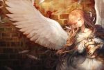  1girl aka_tonbo_(lovetow) angel angel_wings blood braid brown_hair closed_eyes dress feathers long_hair lying on_back original solo wings 