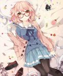  1girl bandages black_legwear blush bob_cut candy cardigan glasses kuriyama_mirai kyoukai_no_kanata pantyhose pink_hair red-framed_glasses school_uniform shoes_removed short_hair skirt solo yellow_eyes yeni 