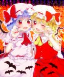  2girls ascot bat blonde_hair blue_hair cheek-to-cheek fang flandre_scarlet hat hat_ribbon highres looking_at_viewer multiple_girls onyuuuu open_mouth pink_nails puffy_sleeves red_eyes red_nails remilia_scarlet revision ribbon shirt short_hair short_sleeves siblings side_ponytail sisters skirt skirt_set smile touhou wings wink wrist_cuffs 